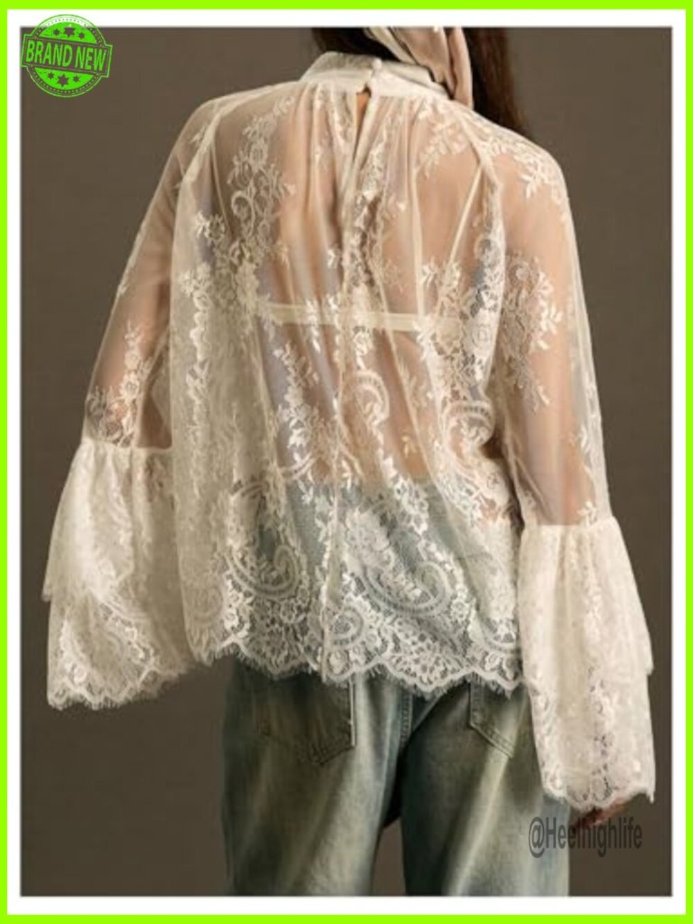 Lace Sheer Ruffle Blouse Mock Neck Bell Long Sleeve Boho Flowy Top - Picture 3 of 5